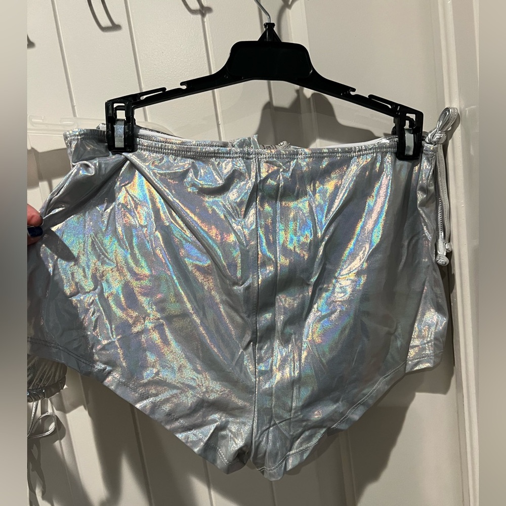 2 NWOT SHEIN Silver and Green High Waist metallic & glitter Shorts & FREE TOP - Picture 3 of 14
